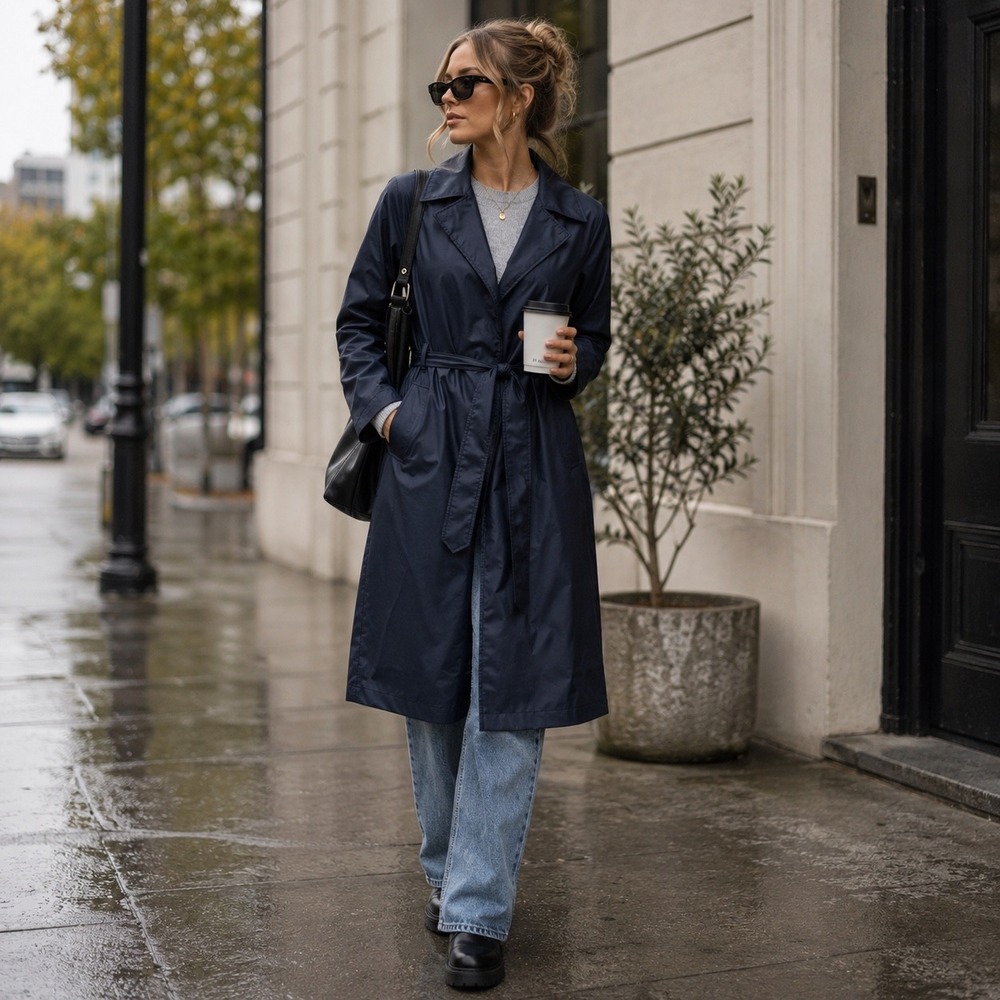 RAINS Navy Waterproof Belted Trench Raincoat ML NWT Scandinavian Minimalist